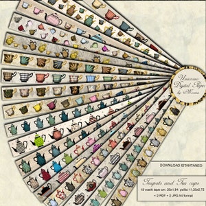 Digitale Washi Tapes printbare theepotten en theekopjes voor Planner of Journal, 18 verschillende thema ontwerpen mokken en theepotten