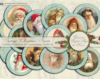 Vintage Christmas Santa, Circles 3 inch. 2,5 inch PRINTABLE, Vintage card