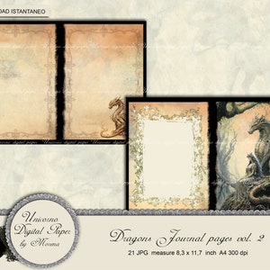 May include: A set of 21 digital journal pages featuring dragons and a fantasy theme. The pages are designed in a vintage style with a brown and cream color scheme. The pages are 8.3 inches by 11.7 inches and have a resolution of 300 dpi.