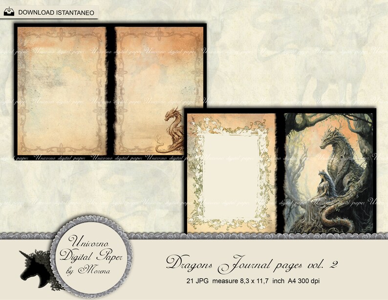 May include: A set of 21 digital journal pages featuring dragons and a fantasy theme. The pages are designed in a vintage style with a brown and cream color scheme. The pages are 8.3 inches by 11.7 inches and have a resolution of 300 dpi.