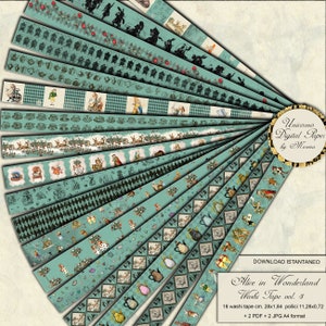 Digitale Washi Tapes Alice in Wonderland, 18 verschillende afdrukbare randen voor Planner of Journal