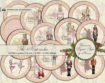 Nutcracker Rounds 3 inch. image for Christmas, Vintage card on ivory background