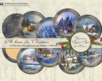 At Home for Christmas, SET of 12 digital collage sheet, 2,5 and 3 inch. printable