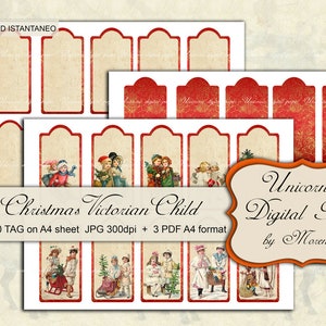 Kerstkaart, kersttag, Vintage effect wrapper tag versierd met tekeningen van Victoriaanse kinderen op een ivoren en rode achtergrond