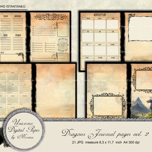 May include: A set of 21 digital paper pages featuring a dragon theme. The pages are designed for journaling and include a monthly planner, calendar, and blank pages with decorative borders. The pages are in a vintage style with a distressed, parchment-like texture. The text on the image reads "Dragons Journal pages vol. 2 21 JPG measure 8.3 x 11.7 inch A4 300 dpi".