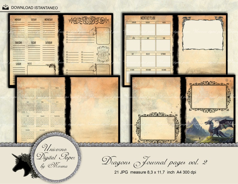 May include: A set of 21 digital paper pages featuring a dragon theme. The pages are designed for journaling and include a monthly planner, calendar, and blank pages with decorative borders. The pages are in a vintage style with a distressed, parchment-like texture. The text on the image reads "Dragons Journal pages vol. 2 21 JPG measure 8.3 x 11.7 inch A4 300 dpi".