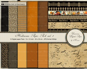 Könnte beinhalten: Ein digitales Papierpaket mit 12 Halloween-Motiven. Die Muster umfassen schwarz-weißes Karomuster, orange-schwarze Punkte, orange-schwarze Streifen und ein Vintage-Muster mit Fledermäusen und Spinnweben. Das Paket ist 12 x 12 Zoll und 30 x 30 cm groß.