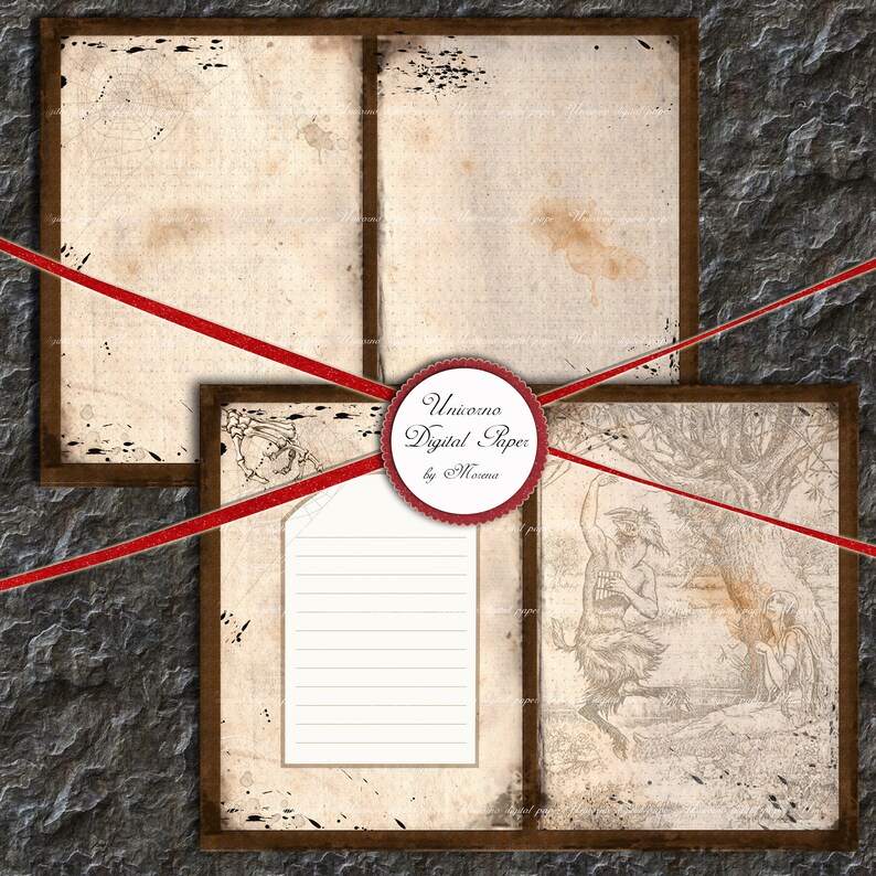 May include: Three digital paper backgrounds with a vintage aesthetic. The first background is a blank, aged paper with brown edges. The second background features a blank note card with lines. The third background features a black and white illustration of a mythical creature with a human torso and goat legs.