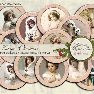 Vintage Christmas photography, Tag tonde stampabili fronte e retro, decorate su fondo avorio e rosa dorato