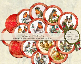 CHRISTMAS BIRDS vol. 1, Circles 2,5 / 3 inches, Journal Stickers, digital collage sheet