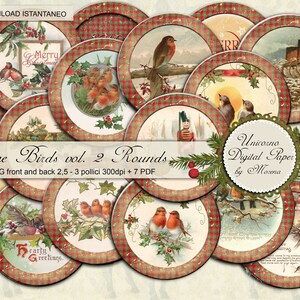 PÁSSAROS DE NATAL, Rodadas de Natal para impressão decoradas em fundo tartan marfim e vermelho