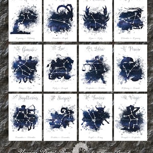 Zodiac Wall Art, 12 Poster A4, Astrology Decor, Horoscope Prints
