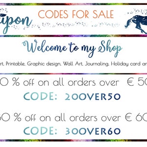 May include: A colorful coupon code graphic with a unicorn illustration. The text reads "Coupon Codes for Sale" and "Welcome to my Shop". The coupon offers 20% off orders over &euro;50 with code "200VER50" and 30% off orders over &euro;60 with code "300VER60".