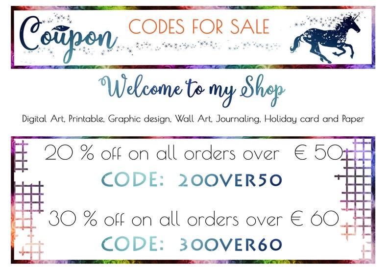 May include: A colorful coupon code graphic with a unicorn illustration. The text reads "Coupon Codes for Sale" and "Welcome to my Shop". The coupon offers 20% off orders over &euro;50 with code "200VER50" and 30% off orders over &euro;60 with code "300VER60".