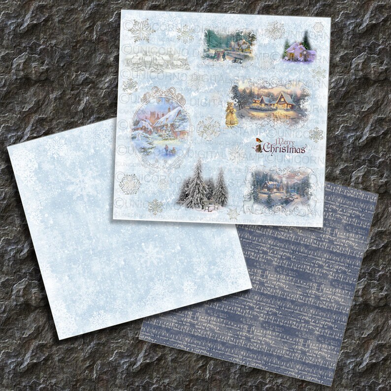 May include: A digital paper pack with a winter theme. The paper pack includes images of snow-covered houses, trees, and a winter scene with the text "Merry Christmas".
