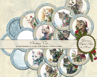 CHRISTMAS CATS circles 3 inch. printable, Set of 15 digital collage sheet