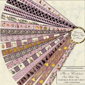 Digital Pink Washi Tapes Alice in Wonderland, 18 diversi bordi stampabili per Planner o Journal