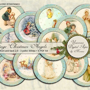 Vintage Christmas Angels, Tag tonde stampabili fronte e retro, decorate su fondo avorio e blu dorato