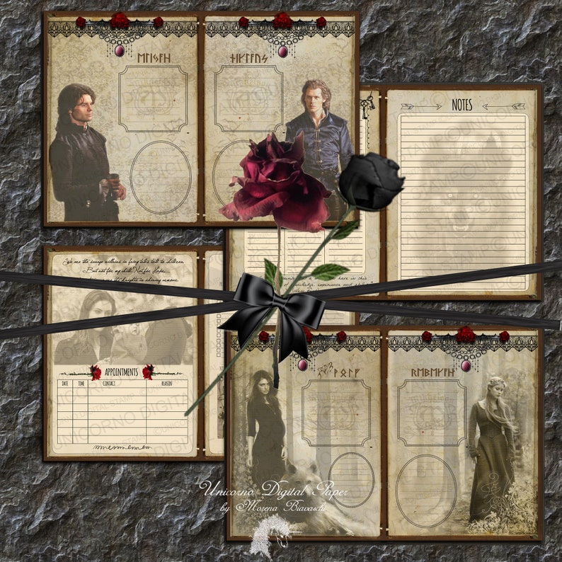 May include: A set of printable digital papers featuring a gothic theme with images of people, roses, and text. The papers are designed for use in scrapbooking, card making, and other paper crafts.
