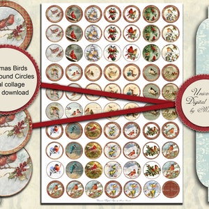 CHRISTMAS BIRDS, 1 inch Round Circles, Digital Collage Sheet, Tondi Natalizi Stampabili, download istantaneo
