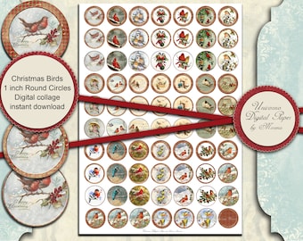 KERST VOGELS, 1 inch ronde cirkels, digitale collage blad, afdrukbare kerst rondes, instant download