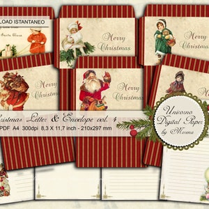 Carta y sobre de Navidad, Cartas imprimibles para Santa Claus decoradas con diseños victorianos sobre fondo marfil y rojo