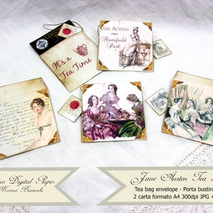 JANE AUSTEN, theezakjes, afdrukbare digitale theezakjes, theezakjeshouders, Enveloptheezakjes, lege theezakjes, kruidentheezakjes