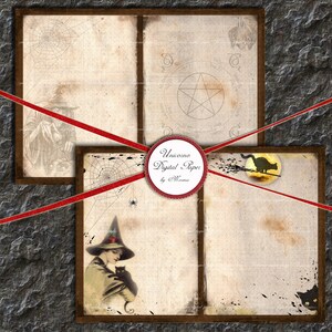 May include: Three digital paper designs featuring a witch, a spider web, and a black cat flying on a crescent moon. The papers have a vintage, aged look with brown borders and a red ribbon.