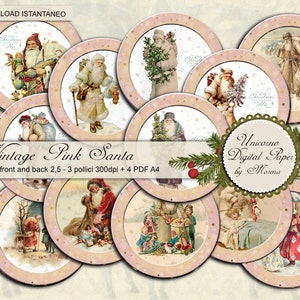 Vintage Christmas, Pink Santa, Bedruckbare runde Tags vorne und hinten, verziert auf elfenbeinfarbenem und goldrosa Hintergrund