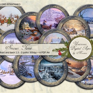 Snow Time, Afdrukbare ronde tags voor en achter, versierd op ivoor en goudblauwe achtergrond