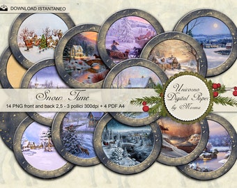 Snow Time, Christmas Village CIRCLES  2,5 inch. PRINTABLE, Vintage card on ivory and blue background