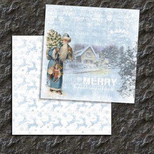 May include: A vintage Christmas card featuring a blue-clad Santa Claus holding a toy drum and a small child. The card has a snowy scene with a house in the background and the text "Merry Christmas".