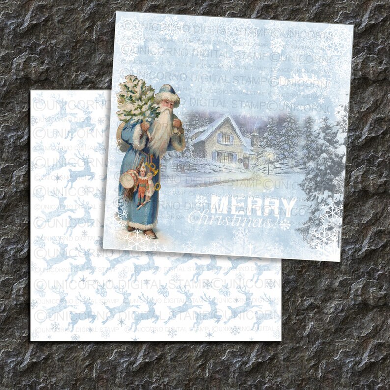 May include: A vintage Christmas card featuring a blue-clad Santa Claus holding a toy drum and a small child. The card has a snowy scene with a house in the background and the text "Merry Christmas".