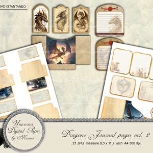 May include: A set of 21 digital paper designs featuring dragons in various poses and settings. The papers are in a vintage style with a parchment background and gold accents. The papers are perfect for scrapbooking, card making, and other paper crafts. The papers measure 8.3 x 11.7 inches and are 300 dpi.