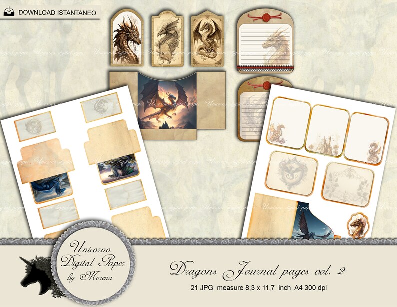 May include: A set of 21 digital paper designs featuring dragons in various poses and settings. The papers are in a vintage style with a parchment background and gold accents. The papers are perfect for scrapbooking, card making, and other paper crafts. The papers measure 8.3 x 11.7 inches and are 300 dpi.