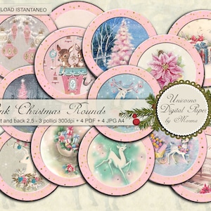 PINK CHRISTMAS Rounds, 15 PNG Tag tonde stampabili con versione fronte e retro, decorate su fondo avorio e rosa dorato
