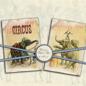 K&ouml;nnte beinhalten: Zwei digitale Papiere im Vintage-Stil zum Thema Zirkus mit Elefanten. Ein Papier zeigt einen Elefanten, der Fahrrad f&auml;hrt, mit dem Wort "CIRCUS" in roten Buchstaben. Das andere Papier zeigt einen Elefanten, der auf einem anderen Elefanten balanciert, mit einem Mann, der auf dem zweiten Elefanten steht.