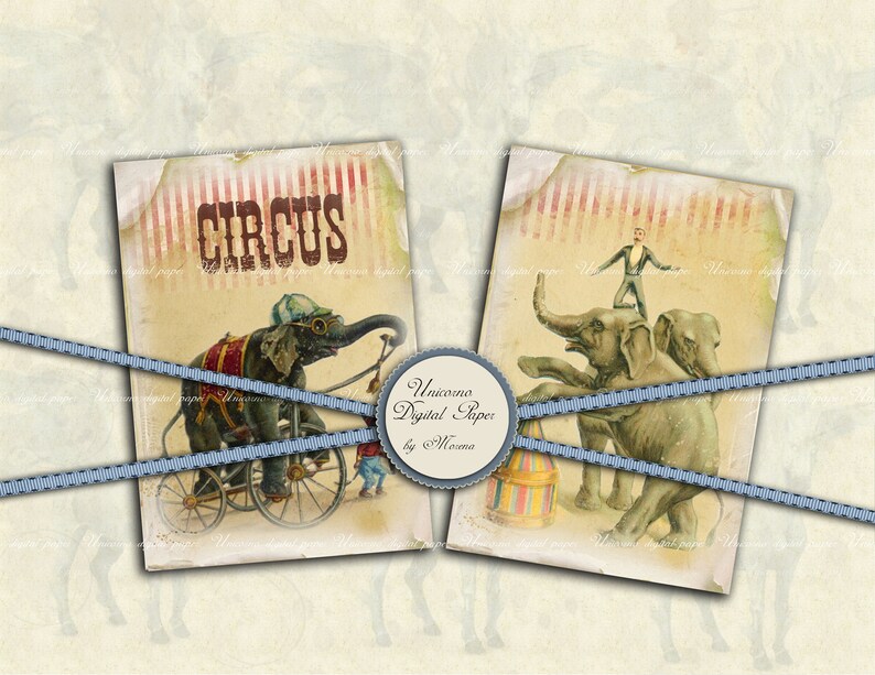 K&ouml;nnte beinhalten: Zwei digitale Papiere im Vintage-Stil zum Thema Zirkus mit Elefanten. Ein Papier zeigt einen Elefanten, der Fahrrad f&auml;hrt, mit dem Wort "CIRCUS" in roten Buchstaben. Das andere Papier zeigt einen Elefanten, der auf einem anderen Elefanten balanciert, mit einem Mann, der auf dem zweiten Elefanten steht.
