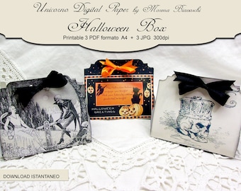 May include: Three printable Halloween box designs. The first box features a black and white illustration of a woman and a skeleton standing by a gate. The second box features a black and orange illustration of a witch flying on a broomstick with a black cat and pumpkins. The third box features a black and white illustration of a skull wearing a crown.