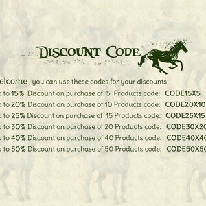 May include: A graphic with a unicorn illustration and text that reads "DISCOUNT CODE". The graphic lists discount codes for purchases of 5, 10, 15, 20, 40, and 50 products.