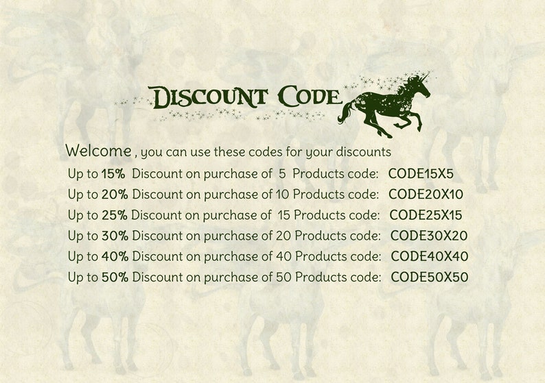 May include: A graphic with a unicorn illustration and text that reads "DISCOUNT CODE". The graphic lists discount codes for purchases of 5, 10, 15, 20, 40, and 50 products.