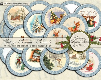 VINTAGE REINDEER rounds, 3 inch PNG, image for Christmas, Vintage card on ivory and blue background