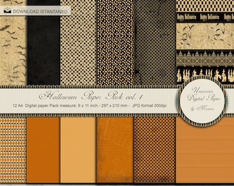 Könnte beinhalten: Ein Set mit 12 digitalen Papieren im Halloween-Thema. Die Papiere zeigen verschiedene Muster, darunter schwarz-weiß kariert, orange-schwarz gepunktet und orange-schwarz gestreift. Die Papiere sind 8 x 11 Zoll groß und im JPG-Format mit 300 dpi.