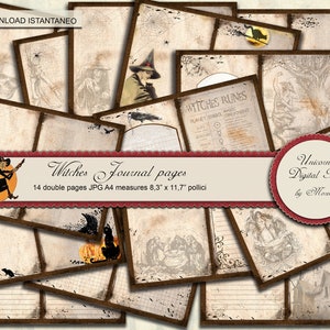 May include: A set of 14 printable journal pages with a witch theme. The pages feature various designs including a witch flying on a broomstick, a skull, a spider web, a witch's cauldron, and a witch's runes chart. The pages are designed to look old and worn, with brown borders and a distressed background. The text on the pages reads "Witches Journal Pages", "14 double pages JPG A4 measures 8.3" x 11.7" pollici", "Witches Runes", "Planet Symbol", "Sun", and "Unicorno Digital Paper by Morena".