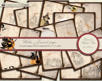 May include: A set of 14 printable journal pages with a witch theme. The pages feature various designs including a witch flying on a broomstick, a skull, a spider web, a witch's cauldron, and a witch's runes chart. The pages are designed to look old and worn, with brown borders and a distressed background. The text on the pages reads "Witches Journal Pages", "14 double pages JPG A4 measures 8.3" x 11.7" pollici", "Witches Runes", "Planet Symbol", "Sun", and "Unicorno Digital Paper by Morena".
