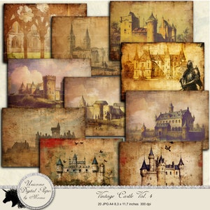 Può includere: Un pacchetto di carta digitale con 20 immagini di castelli vintage. Le immagini sono in formato collage e presentano vari castelli con diversi stili architettonici. Le immagini sono in tonalità seppia e hanno un aspetto usurato e invecchiato.