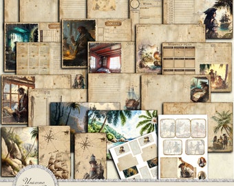 May include: A set of 25 digital papers featuring pirate-themed illustrations and journal pages. The papers include images of ships, maps, treasure chests, pirates, and tropical landscapes. The papers are designed for use in scrapbooking, card making, and other paper crafts.