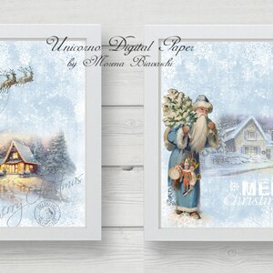 May include: Two digital paper designs featuring a winter scene with a house, trees, and snow. One design features Santa Claus carrying a Christmas tree and the text "Merry Christmas". The other design features Santa Claus in a sleigh pulled by reindeer.