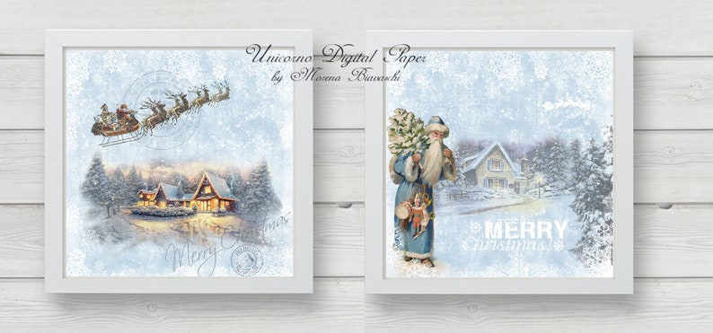 May include: Two digital paper designs featuring a winter scene with a house, trees, and snow. One design features Santa Claus carrying a Christmas tree and the text "Merry Christmas". The other design features Santa Claus in a sleigh pulled by reindeer.