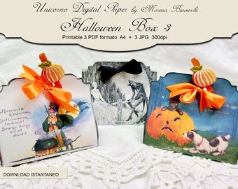 May include: Three printable Halloween box designs featuring vintage illustrations. The first box features a witch stirring a cauldron, the second box features a couple on a seesaw, and the third box features a black cat and a dog looking at a jack-o-lantern.